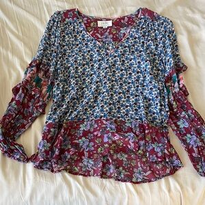 Jade Johnny Was Floral V-Neck Blouse - Blue and Maroon